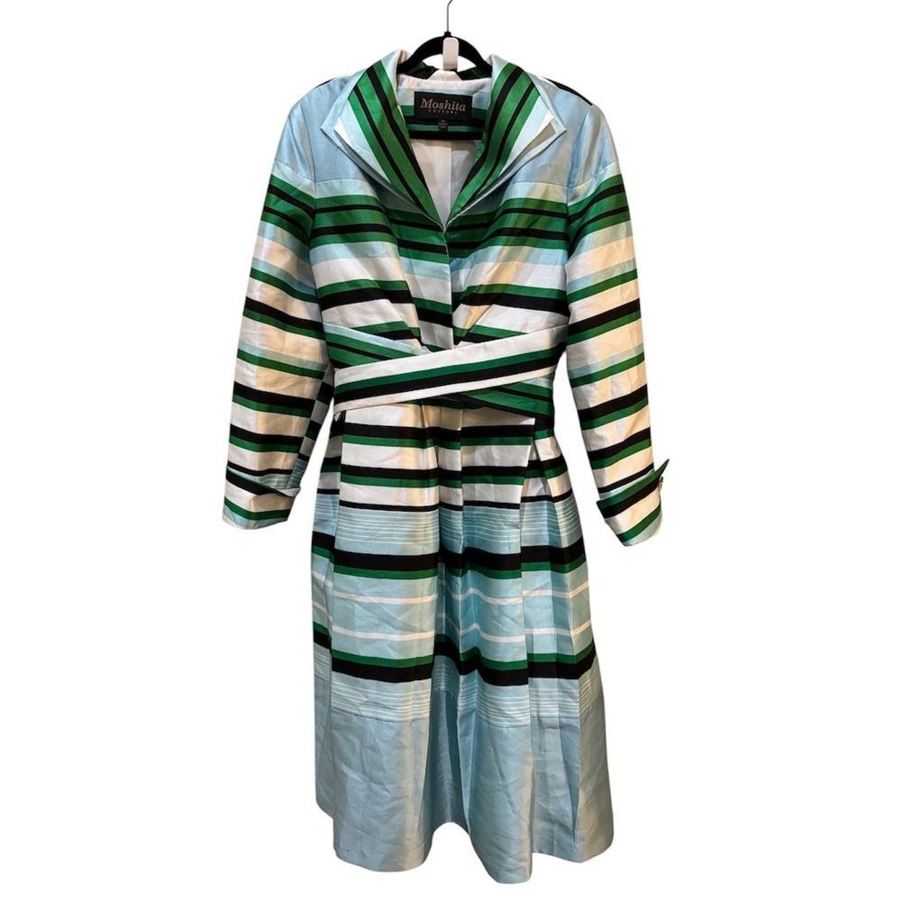Moshita Couture Blue Green Striped Collared Button Midi Dress Long Sleeve